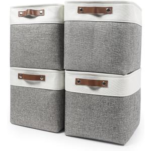 13x13 Cube Storage Bins, Collapsible Fabric Storage Box, 4 Pack Closet Baskets with Handles for Organizing, Shelf, Toys, Clothes, Home, Office, Nursery (Grey&White)