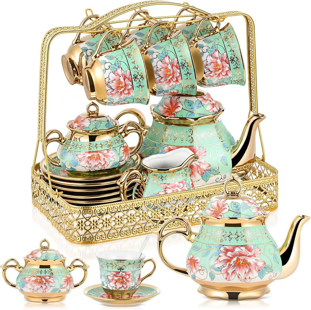 22 Pcs Vintage Porcelain Tea Sets for 6, Green Peony Floral