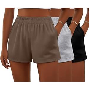 Ficerd 3 Pack Women's Sweat Shorts, Elastic High Waist Shorts Casual Summer Lounge Cotton Comfy Athletic Shorts with Pockets(Black, Light Gray, Brown, Large)