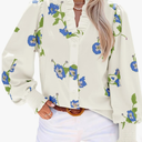 Tankaneo Womens Floral Ruffle Blouses Dressy Casual Long Puff Sleeve Boho Tops V Neck Button Down Shirts White, XL