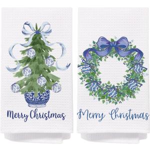 Chinoiserie Christmas Kitchen Towels,Set of 2 Blue Bow Coquette Christmas Tree Dish Towels for Kitchen Bathroom, Blue Christmas Hand Towels for Bathroom Kitchen, Grandmillennial Decor,16x24 Inches