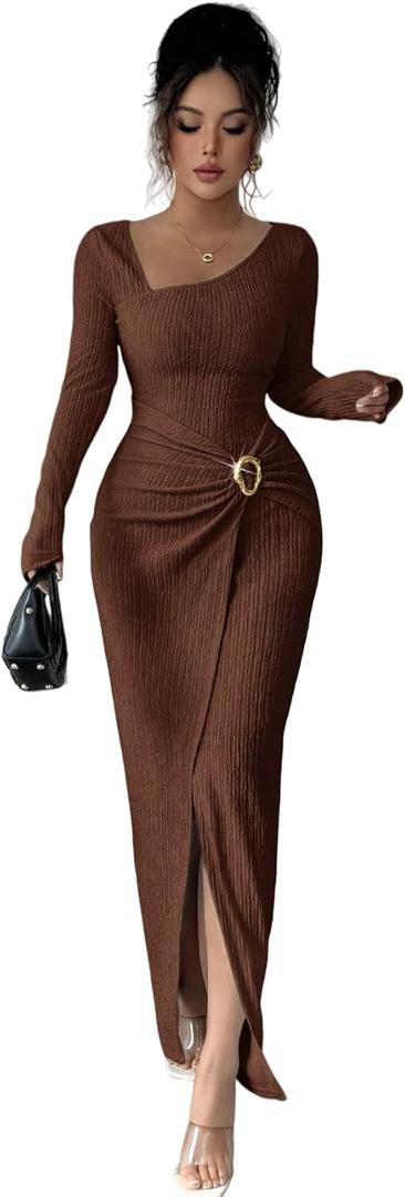 Women's Long Sleeve Maxi Bodycon Dresses Elegant Semi Formal Cocktail Knit Body Con Asymmetrical Weddding Guest (Brown)