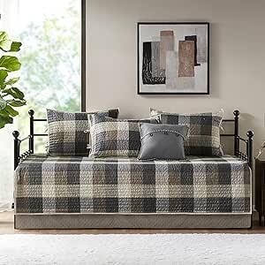 Madison Park Ridge Daybed Cover Set - Cabin Lodge Plaid Herringbone Print Reversible Design, All Season Luxury Bedding with Bedskirt, Matching Shams, Decorative Pillow, 39"x75", Neutral 6 Piece 