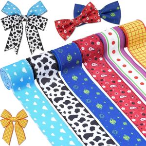 6 Rolls 30 Yards Cartoon Story Wired Edge Ribbon 2.5 Inch Cow Print Checkered Polka Dots Cloud Star Paisley Burlap Printed Fabric for Gift Wrapping Craft Bow Making Supplies