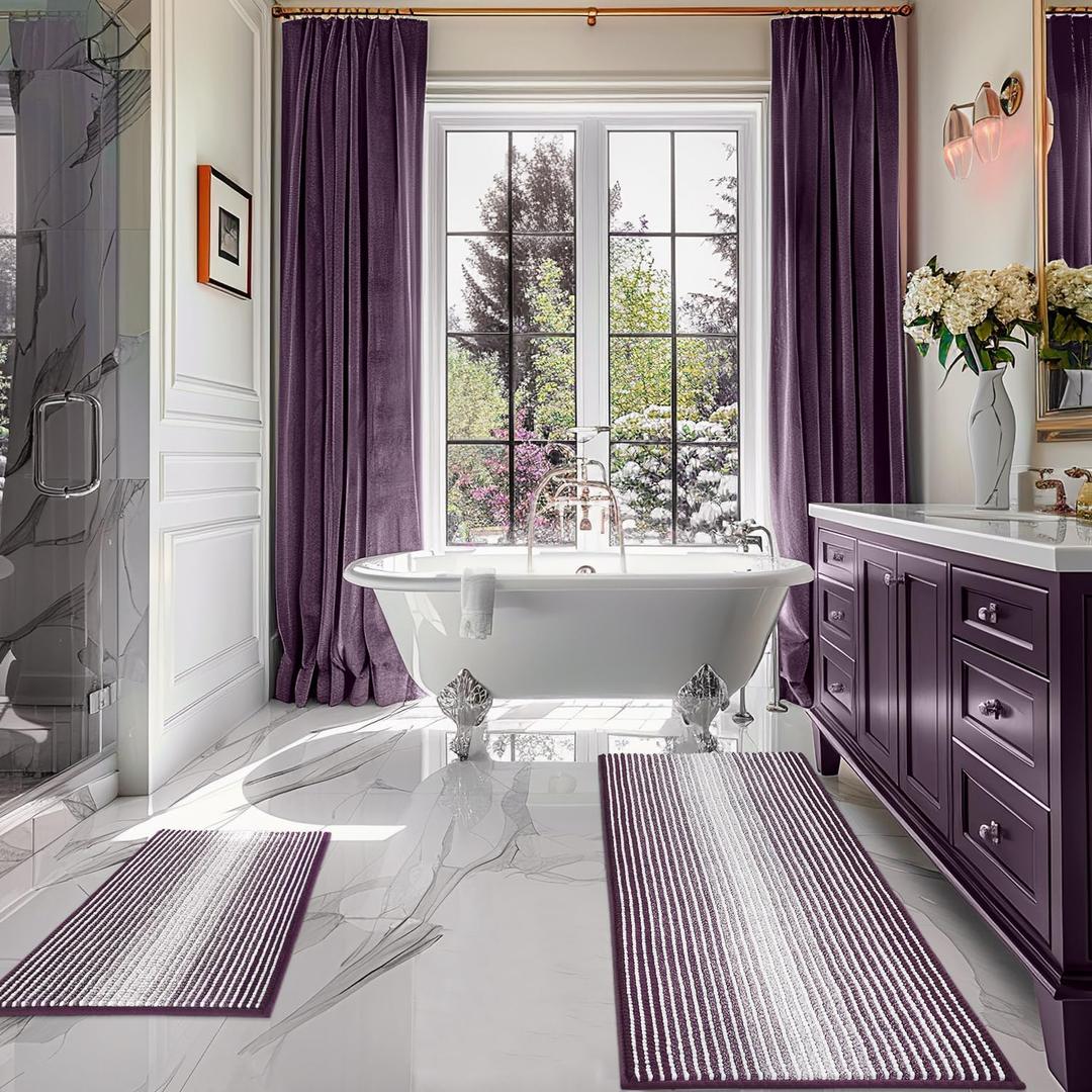 BSICPRO Bathroom Rugs and Mats Sets, 2 Piece Thick Absorbent Chenille Bath Mat Rug Set Non Slip, Soft Shaggy Bath Room Floor Mats for Bathroom, Machine Washable (Mauve Wine, 20" x 47" Plus 16" x 24")
