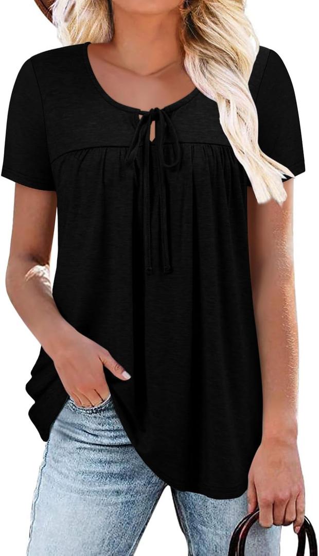 BETTE BOUTIK Womens Summer Tops Corded Short Sleeve Tunic Shirts Pleated Crewneck Corded Tops Blouses  (Black, M)