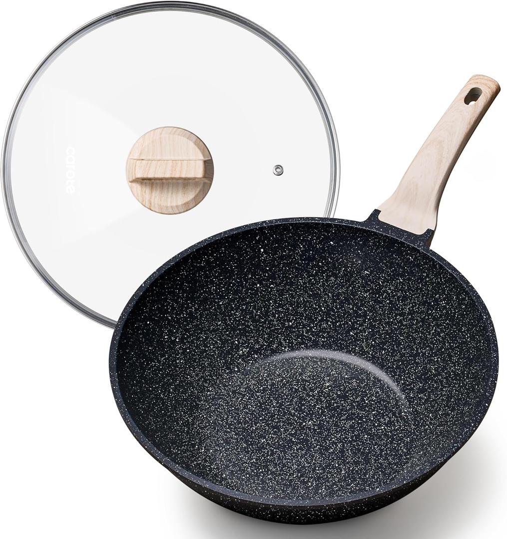 CAROTE Non Stick Wok with Lid 12''/5.3QT Woks & Stir-fry Pans Nonstick Granite Wok Pan Induction Cookware Deep Frying Pan, Compatible with All Stovetops