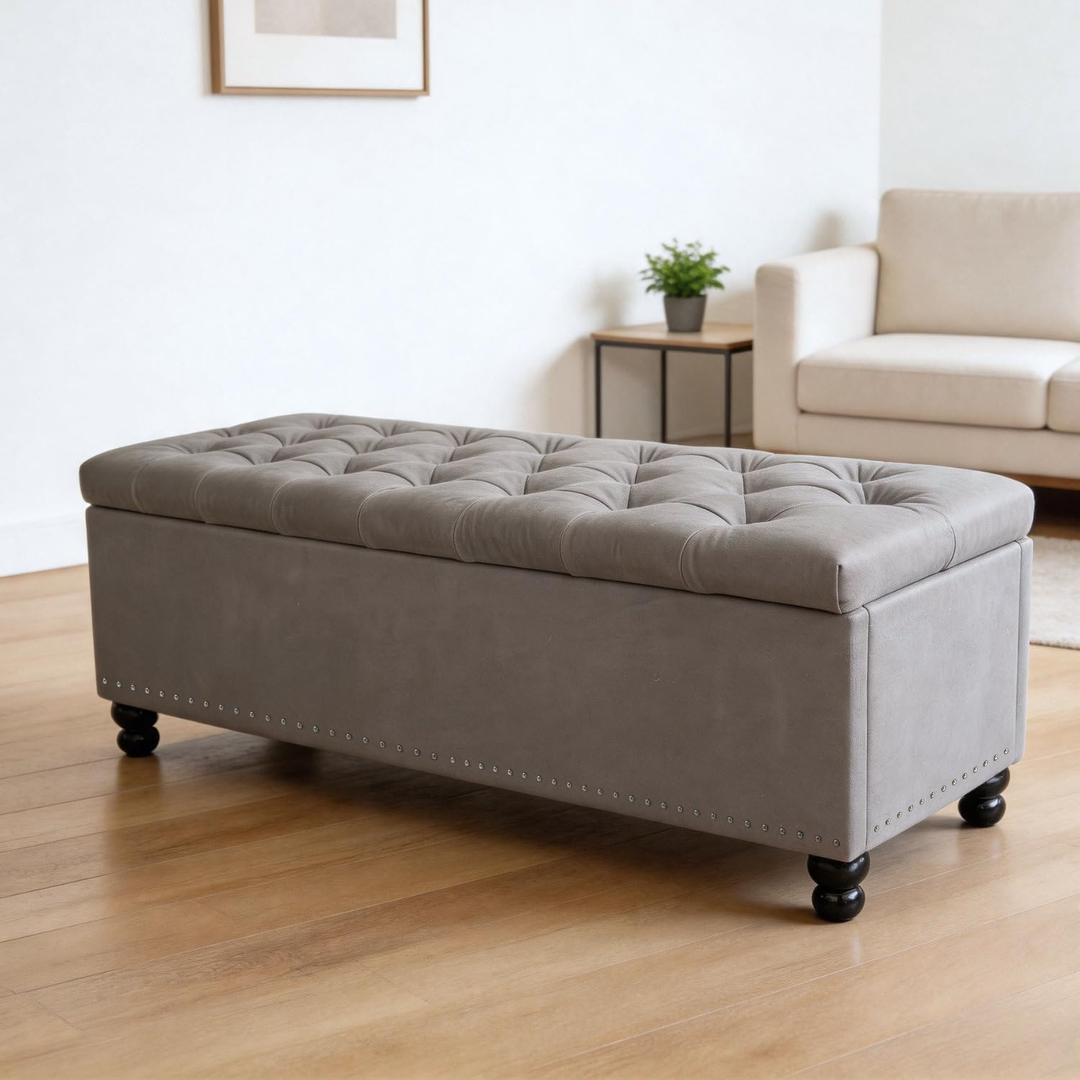 Storage Ottoman Bench, 39in Long Ottomans Rectangle Upholstered Fabric Storage Benches, End of Bed Bench for Bedroom Entryway, Grey