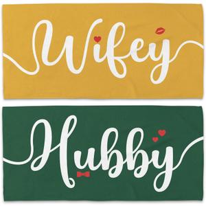 Couple Wifey Hubby Beach Towel Set of 2, Honeymoon Wedding Beach Towels Valentines Gifts for Bride Groom Him Her, Yellow And Green Towels Oversized Decor for Bathroom 30x60 In