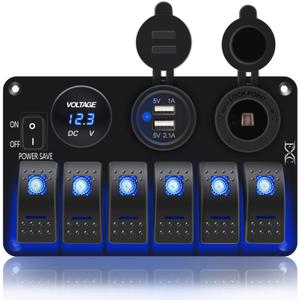 FXC Waterproof Marine Boat Rocker Switch Panel 6 Gang with 3.1A Dual USB Slot Socket + Cigarette Lighter +LED Voltmeter with Power-Save for Car Rv Vehicles Truck (6 Gang Blue LED)