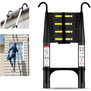 Telescoping Ladder with Hooks, 330 lbs Capacity, 12.5FT, Black