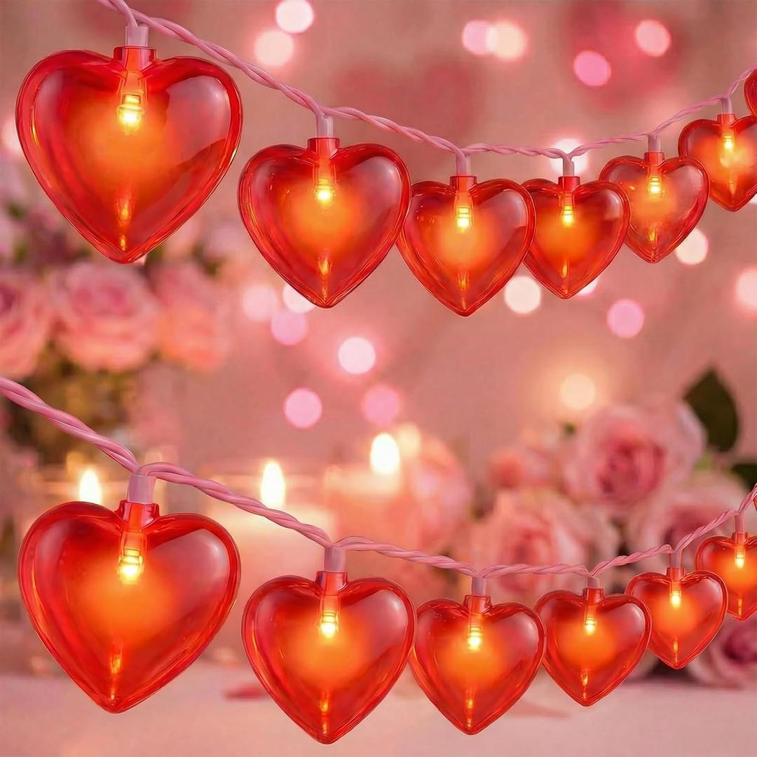 Valentine’s Day Red Heart String Lights, 12FT PlugIn Connectable Fairy Lights with 20 LED Glitter Heart Bulbs, Romantic Indoor Outdoor Decor for Wedding, Party, Window, Anniversary, Christmas