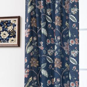 Navy Blue Vintage Floral Patterned Curtains for Living Room - William Morris Victorian Decorative 70% Blackout Moody Pattern Green Dark Academia Curtains Drapes 84 Inch Length 2 Panels Set for Bedroom