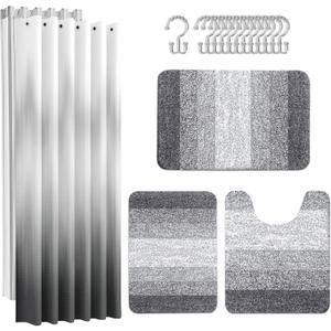Britimes Grey Stripes Bathroom Sets with Shower Curtain and Rugs, Ombre Modern Abstract Vintage Waterproof Shower Curtain Liner and Soft Non Slip Bath Mat for Bathroom Decor and Accessories Hooks