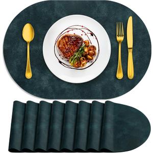 ADRIMER Placemats, Heat Resistant Oval Placemats Set of 8 Washable 12 x 17 Inch, Waterproof Table Mats, Wipeable Pu Place Mats for Kitchen, Dining Room, Dark Blue