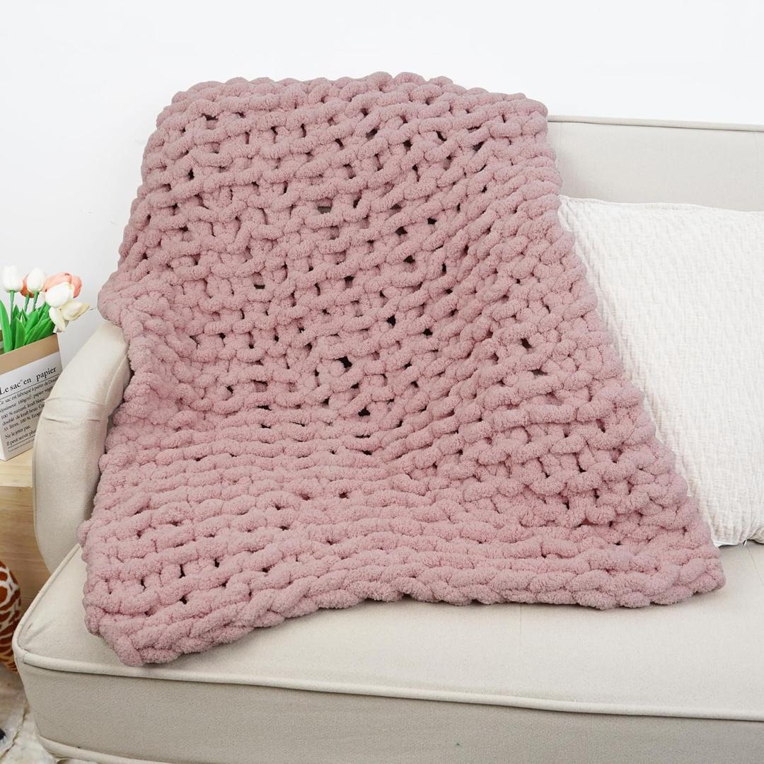 Mooreeke Chunky Knit Blanket 30"x40" Pink Soft Washable Chenille Throw Blanket Cozy 100% Handmade Crochet Blankets with Jumbo Chenille Yarn for Couch Bed Sofa Room Decor