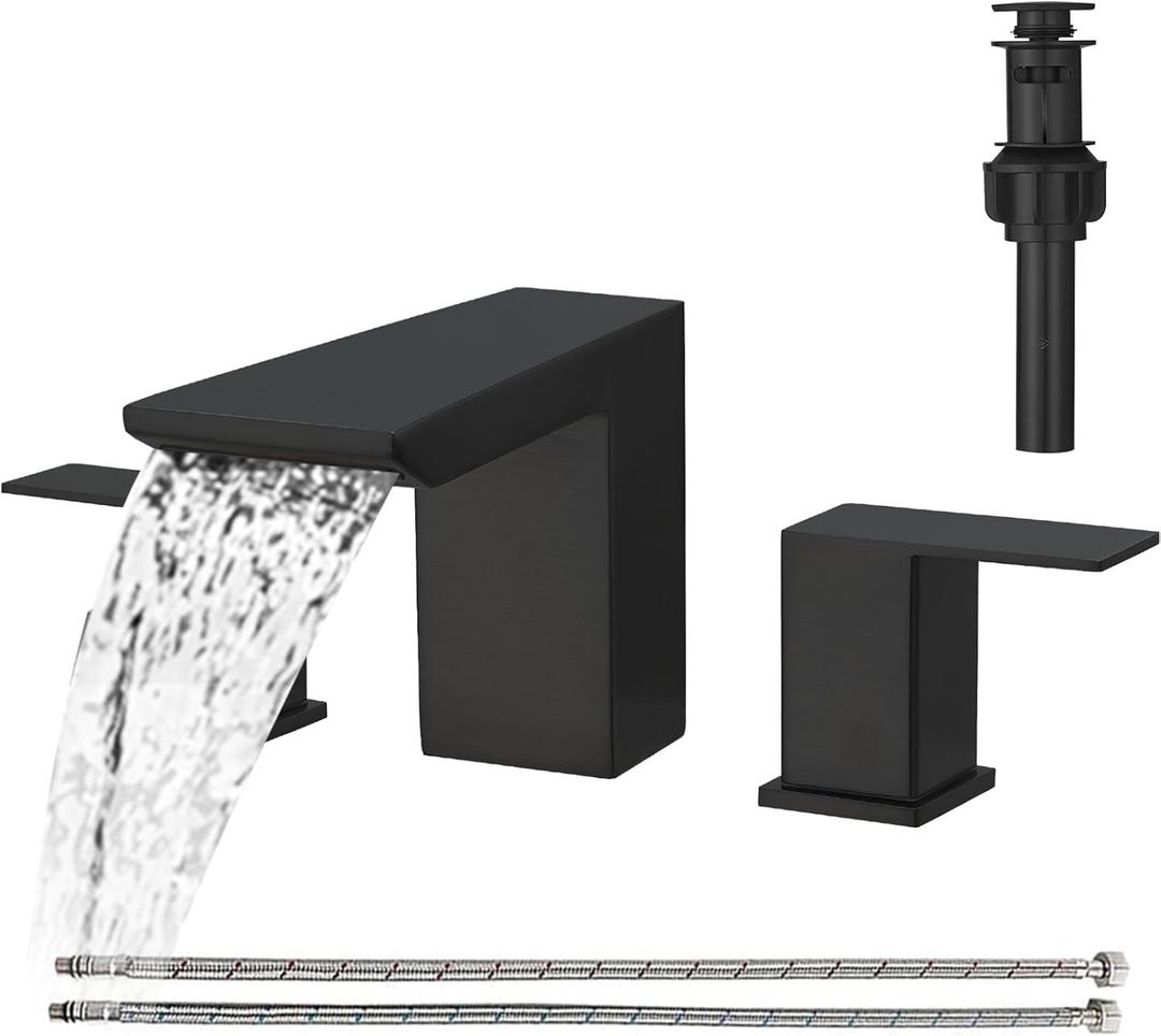 BESy Matte Black Bathroom Faucet 3 Holes Two Handles Vanity Widespread 8 Inch Bathroom Sink Faucet, Waterfall Bathroom Sink Faucet with cUPC Supply Hoses, Pop Up Drain, Stainless Steel (8 Inch Widespread with Drain)