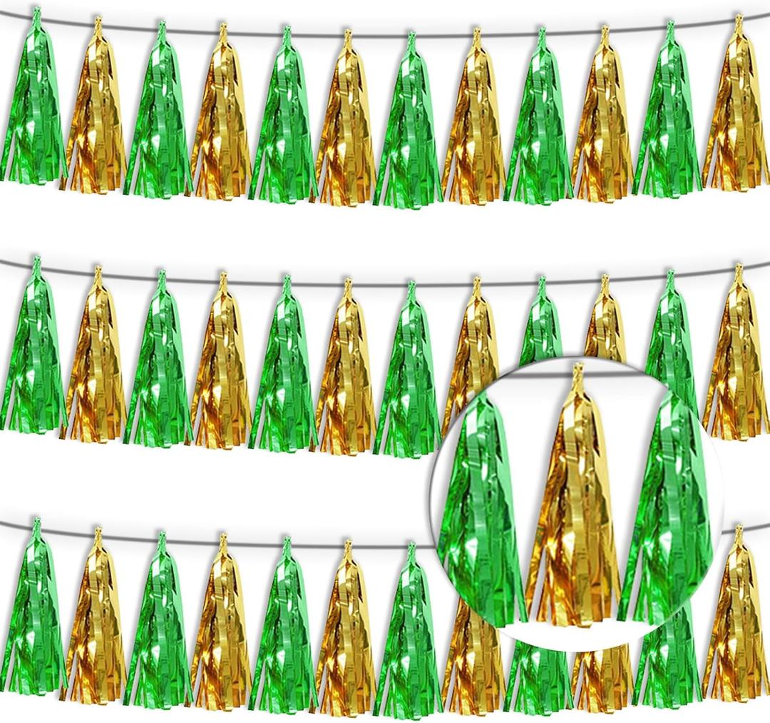 3P Sage-Green Gold Tassel Banner Garland Metallic Foil Fringe Banner Tinsel Tassels Streamer Banner Backdrop for Parade Floats, Graduation Decorations, Woodland Party Decoration