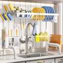 Over The Sink Dish Drying Rack, Adjustable (25.5 to 33.5 inch) 2 Tier Metal Steel Dish Drying Racks for Kitchen Counter with Hooks Paper Towel Utensil Cup Holder Sink Caddy (White)