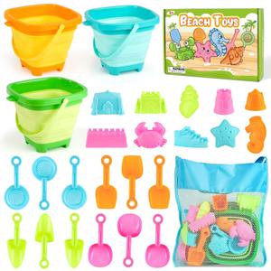 Dreamon Beach Toys for Kids 3-10, Collapsible Sand Toys Include 3 Pack Foldable Buckets, 24 PCS Beach Mold and Shovels Molds, Travel Sandbox Beach Toys for Kids Toddler with Mesh Bag