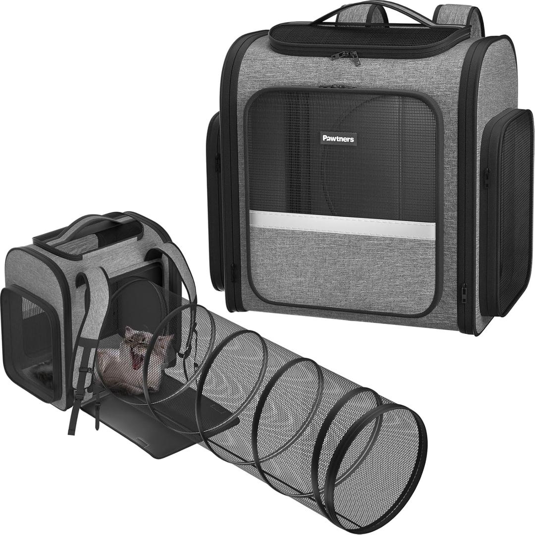 Pawtners Cat Carrier Backpacks Expandable Cat Backpack with Breathable Mesh, Pet Carrier Backpack for Cats Small Dogs Puppies Up to 18 Lbs, Dog Carrier Backpack for Travel Hiking Camping Outdoor (15.7"L x 12.6"W x 15.0"H, Grey with Tunnel)