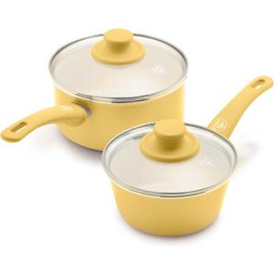 GreenLife Soft Grip 1QT and 2QT Saucepan Set, Healthy Ceramic Nonstick, Non Toxic PFAS & PFOA-Free, Dishwasher Safe, Glass Lids, Stay-Cool Handles, Easy Clean Cookware, Kitchen Essentials, Yellow