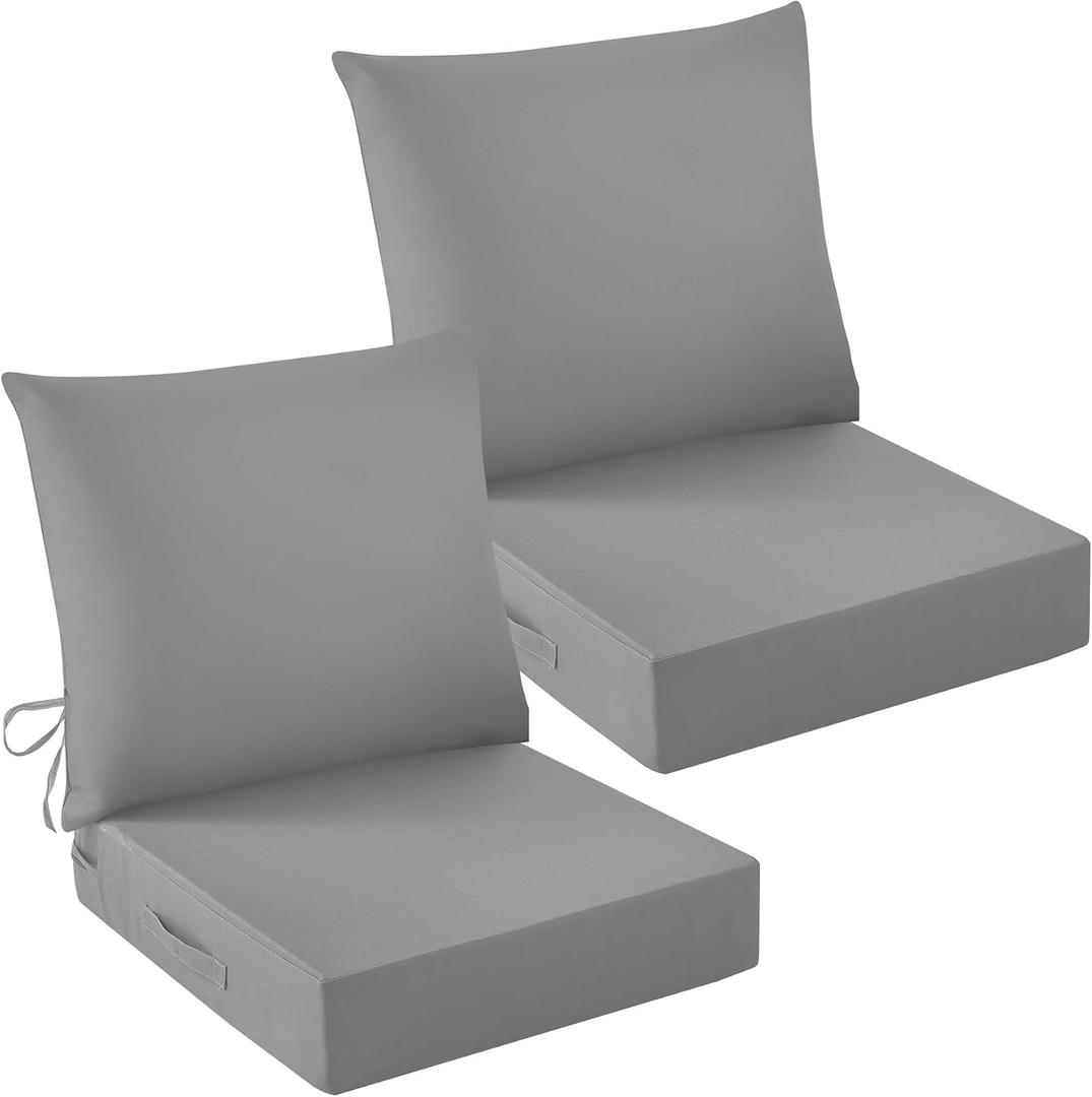 Outdoor Chair Cushions, 24 x 24 Inch Outdoor Cushion for Patio Furniture, Patio Chair Cushion, Waterproof & Fade Resistant Deep Patio Furniture Cushions Set with Handle and Ties, Grey (Set of 2), 24*24+5.75/25*22.5