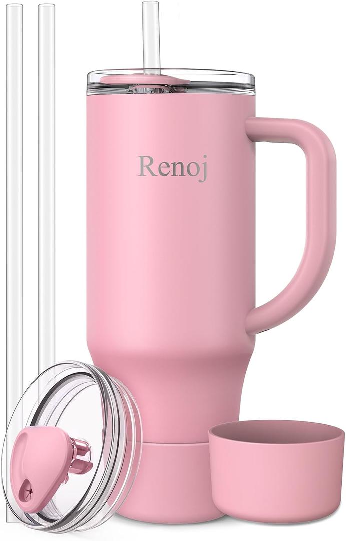 Renoj Insulated Mug 100% Spill Resistant Insulated Water Bottle for Iced Coffee & Hot Drinks - Fits Car Cup Holder, Ideal Gift, 2 Straws & Silicone Boot - FlexSlide Pink 40 oz
