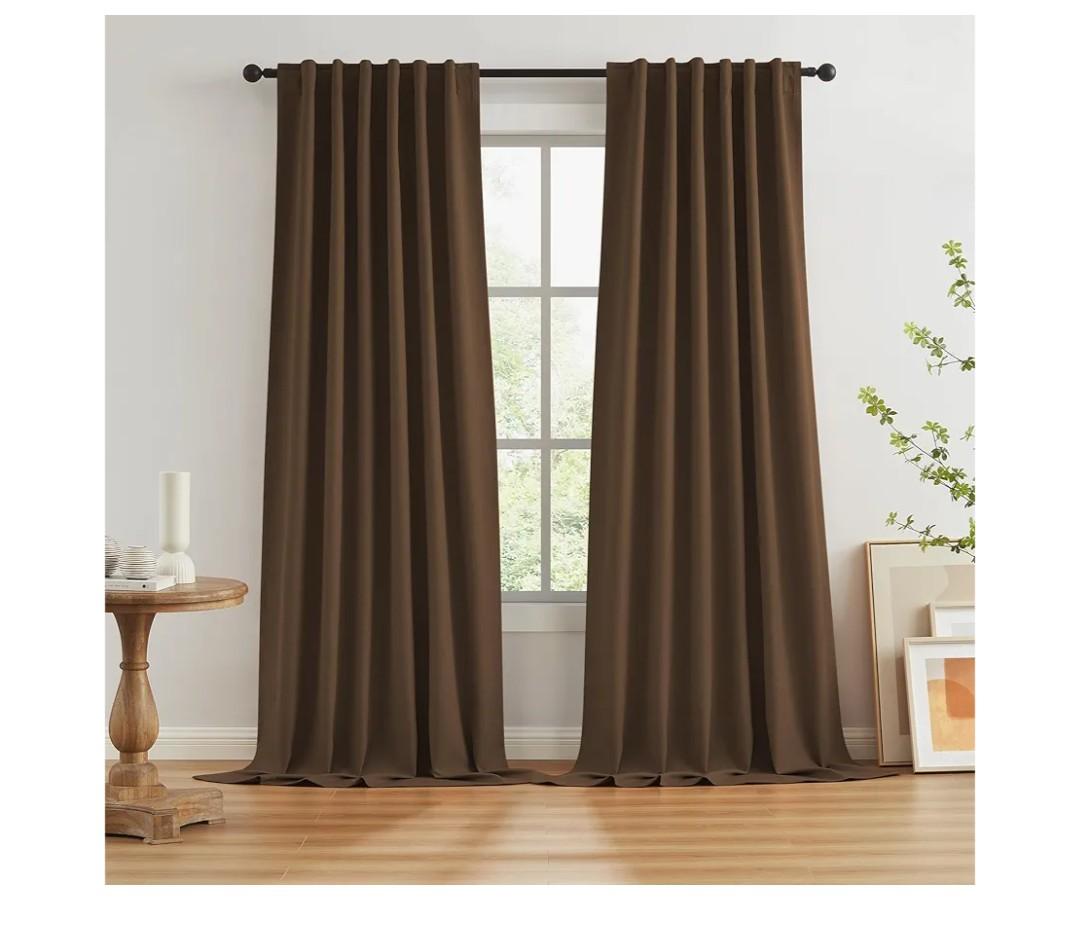 Brown Linen Textured Blackout Curtains for Living Room, 100% Light Blocking Curtain Drapes Chocolate Brown 2 Pcs 52"x102" inch