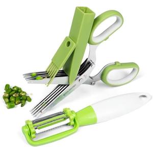 Pack Of 2 KitchShears Herb Scissors with 5 Blades and Cover - Premium Quality Stainless-Steel Herb Cutter for Kitchen & Garden Herbs - With safety Cover Cleaning Comb & Peeler - Dishwasher Safe & Easy to Clean
