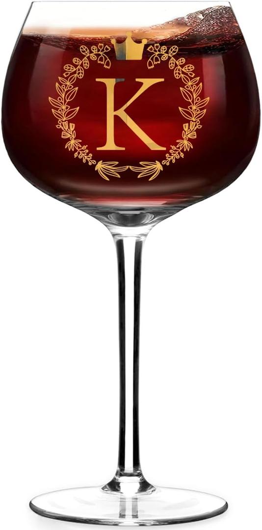 Personalized Custom Birthday Red Wine Glass for Women, Engagement Gift for Couples, Wedding Retirement Initial, 16oz Bride Wine Glass, Best for Wine Lovers, Monogrammed Cup A (K)