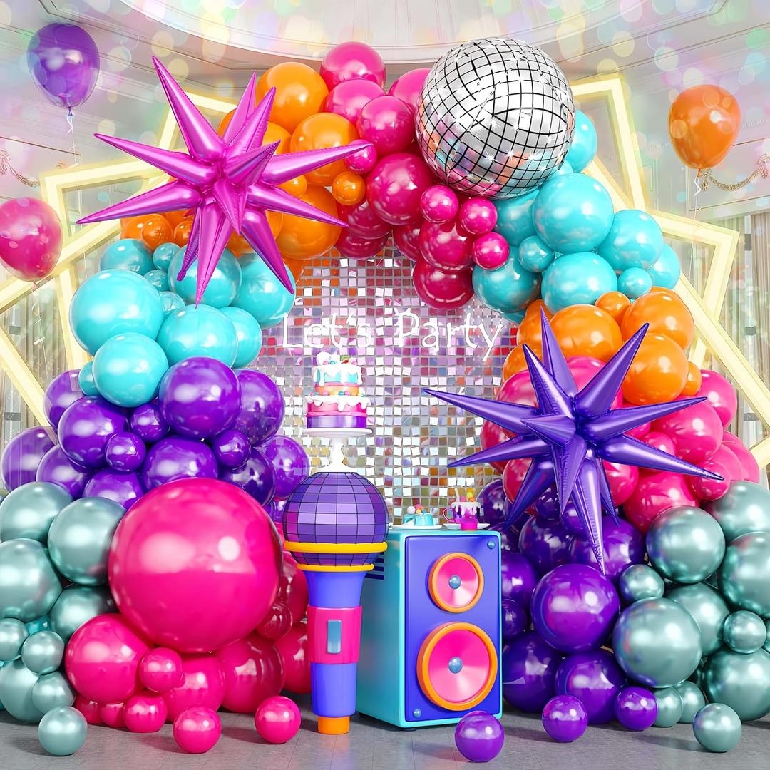 Disco Balloon Arch, 125 PCS 80s Balloon Arch Kit mit Hot Pink and Purple Teal Orange Metallic Green Balloons, 22 Inch Disco Ball Mylar Explosion Star Foil Balloon for Singer Music Fans Decorations