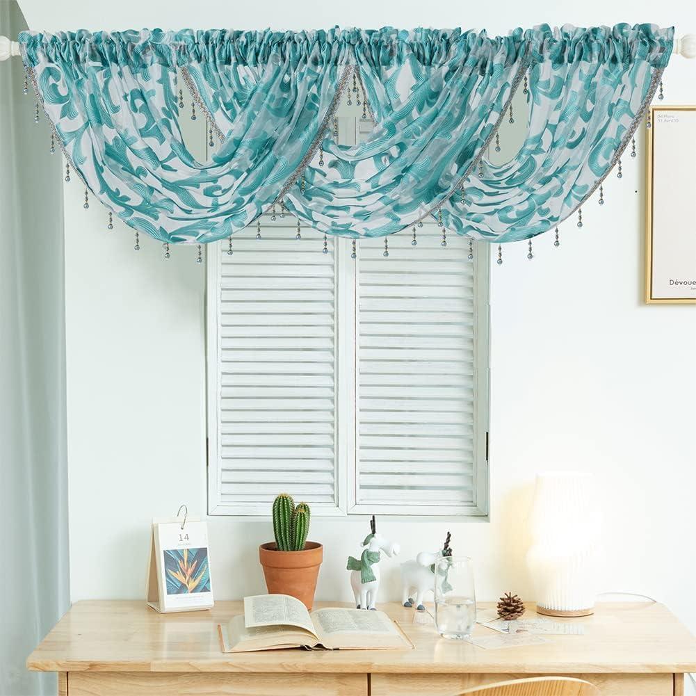 NAPEARL Teal Waterfall Valance Curtain Organza Sheer Window Toppers Valances, Decorative Elegant Beaded Tassel Trim Rod Pocket Sheer Swag Window Treatment for Bathroom, Kitchen, Bedroom (40"W x 17"L (Pack of 1))