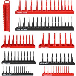 TOOLEAGUE 9Pcs Socket Organizer Tray and Magnetic Wrench Holder Set,Red SAE & Black Metric, 1/2", 1/4", 3/8" Socket Storage Trays for Tool Box Drawer