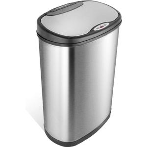 NINESTARS 13 Gallon Kitchen Trash Can, Automatic Touchless Motion Sensor Trash Can with Black Lid, 50 Liter Stainless Steel Garbage Bin, Oval, DZT-50-13