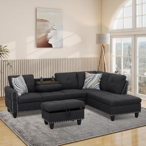 L Shaped Modular Sectional Sofa with Reversible Chaise Lounge, 5-Seater Corner Couch, Linen Upholstery Convertible Sof w/Movable Ottoman, Cup Holders, 2 Pillows and Rivet Ornament for Living Room