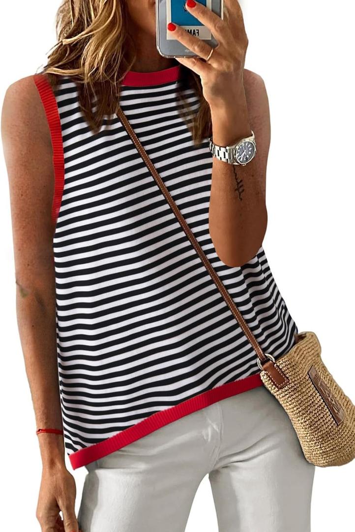 Dokotoo Womens Summer Tops 2026 Casual Striped Color Block High Neck Tank Top Loose Knit High Low Sleeveless Shirts Blouses (White, Small)