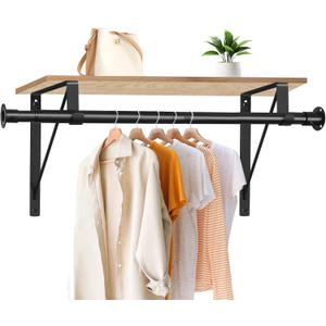 Closet Rod, 16 to 63 Inch Closet Rods Heavy Duty Adjustable Wardrobe Poles for Hanging Clothes and Heavy Duty Bracket Closet Pole Support (The Shelf NOT Included)(Black)