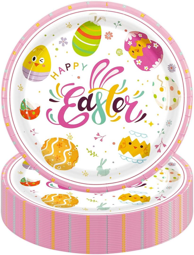 50PCS Easter Party Paper Plates Party Supplies, 7Inch Eggs Print Dessert Plates for Cake Salad Fruit Pizza, Disposable Party Supplies for Easter Kids Birthday Table Decor
