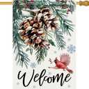 Welcome Winter Pine Cone Decorative House Flag, Christmas Pine Needle Branches Cardinal Red Bird Garden Yard Outside Decorations, Seasonal Burlap Outdoor Large Home Decor Double Sided 28 x 40
