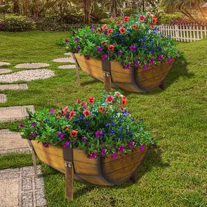 15.43In 2 Pack Rustic Barrel Planters, Decorative Outdoor Garden Backyard Planter with Legs, Metal Flower Pot Half Barrel Planter Box, Brown