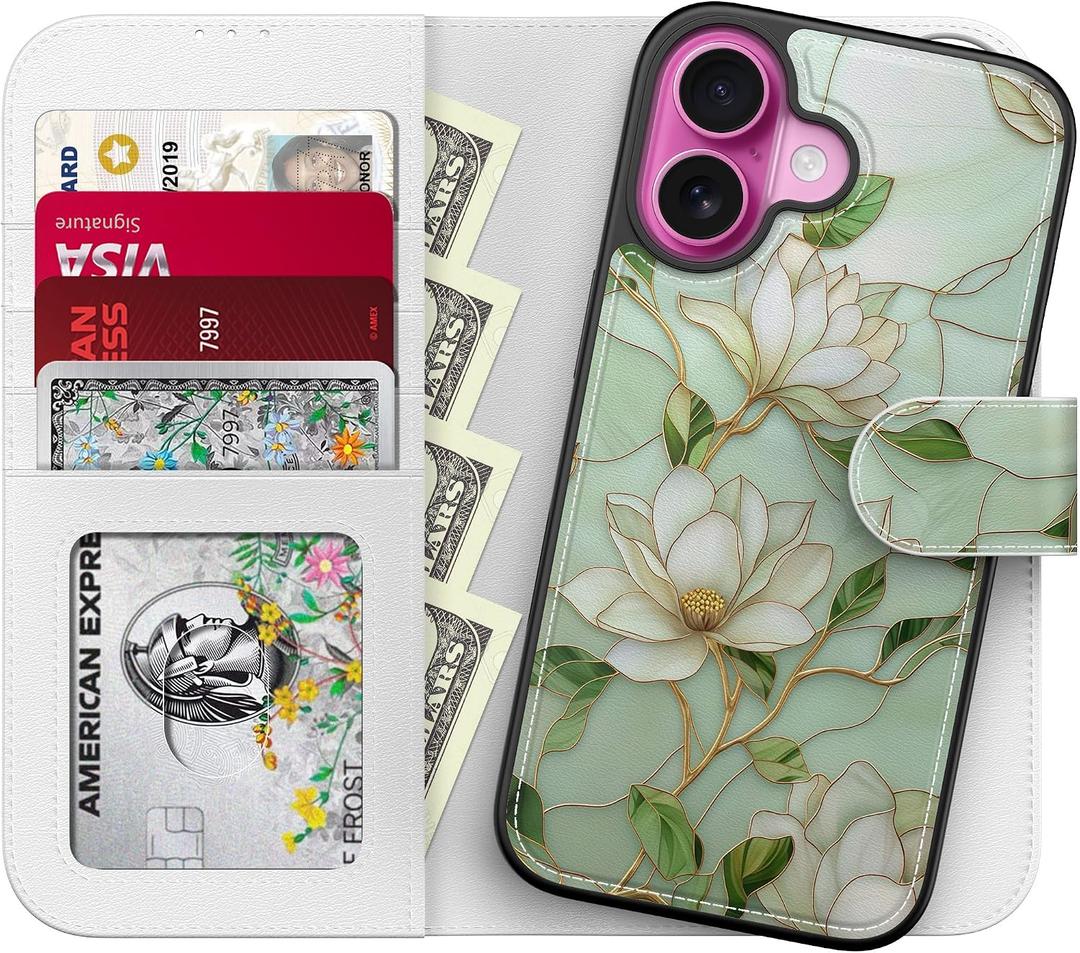 LUHOURI for iPhone 17 Case Wallet - Wireless Charging Compatible Detachable Flip Folio Leather Cover - RFID Blocking 4 Card Slots Holder - Protective Phone Case for Women - Vintage Magnolia Flowers
