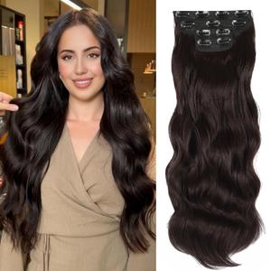 Vigorous Dark Brown Hair Extension 24InchLong Clip in Hair Extensions 4Pcs Thick Long Wavy Synthetic Hairpieces for Women