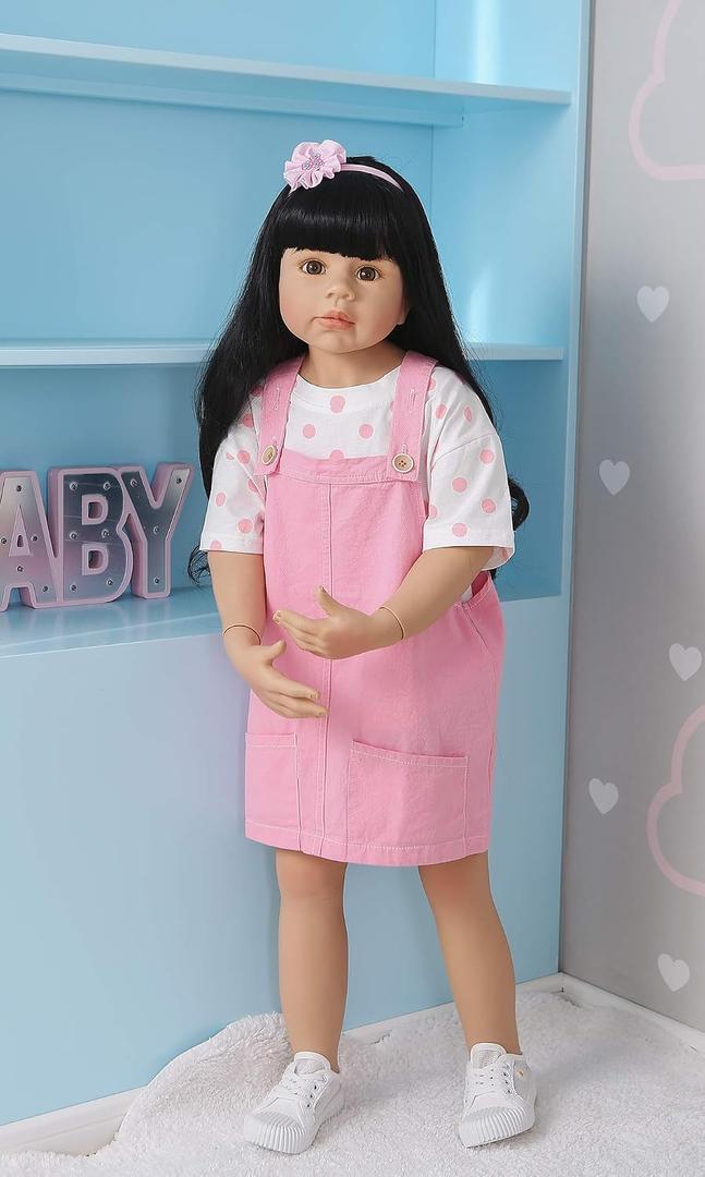 Buby 39inch Reborn Toddler Dolls,Huge Baby Full Body Hard Vinyl Smile Girl Realistic Newborn Dolls Blond Hair Girl Age Dress Model Collectible (Pink Jumper Skirt)