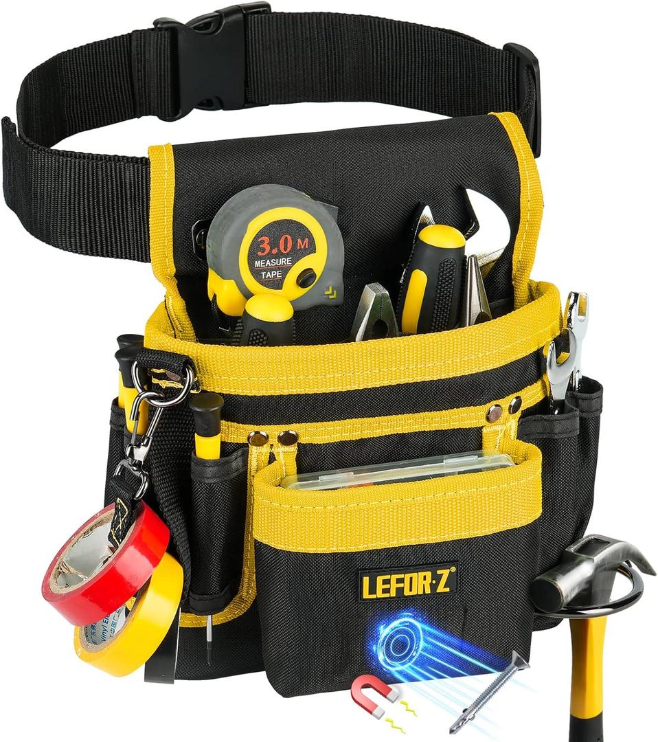 Tool Belt,Magnetic Tool Pouch,14-Pockets Tool Belts for Men,Detachable & Adjustable Tool Pouch belt for Electrician,Carpenter,Construction,Work Apron,Utility Belt,Black-Yellow