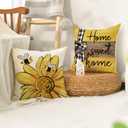 4 x AVOIN colorlife Home Sweet Home Bee Sunflower Throw Pillow Covers, 16 x 16 Inch Love Lives Here Spring Summer Stripes Cushion Case for Sofa Couch Set of 4