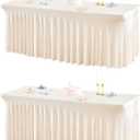 2 Packs Ivory Table Clothes for 6 Foot Rectangle Tables, One-Piece Wrinkle Resistant Stretch Spandex Table Covers with Skirt for Event Banquet Wedding Birthday Party