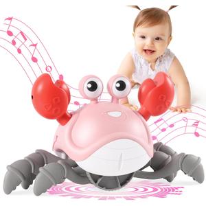 Gigilli Crawling Crab Baby Girl Toys, Tummy Time Baby Toys 6-12-18 Month, Infant Learning Crawl Walking Dancing Crab with Music&Speed Control for 3 4 5 6+ Girls Year Valentines Birthday 1 2 3 Gifts (Pink&white)