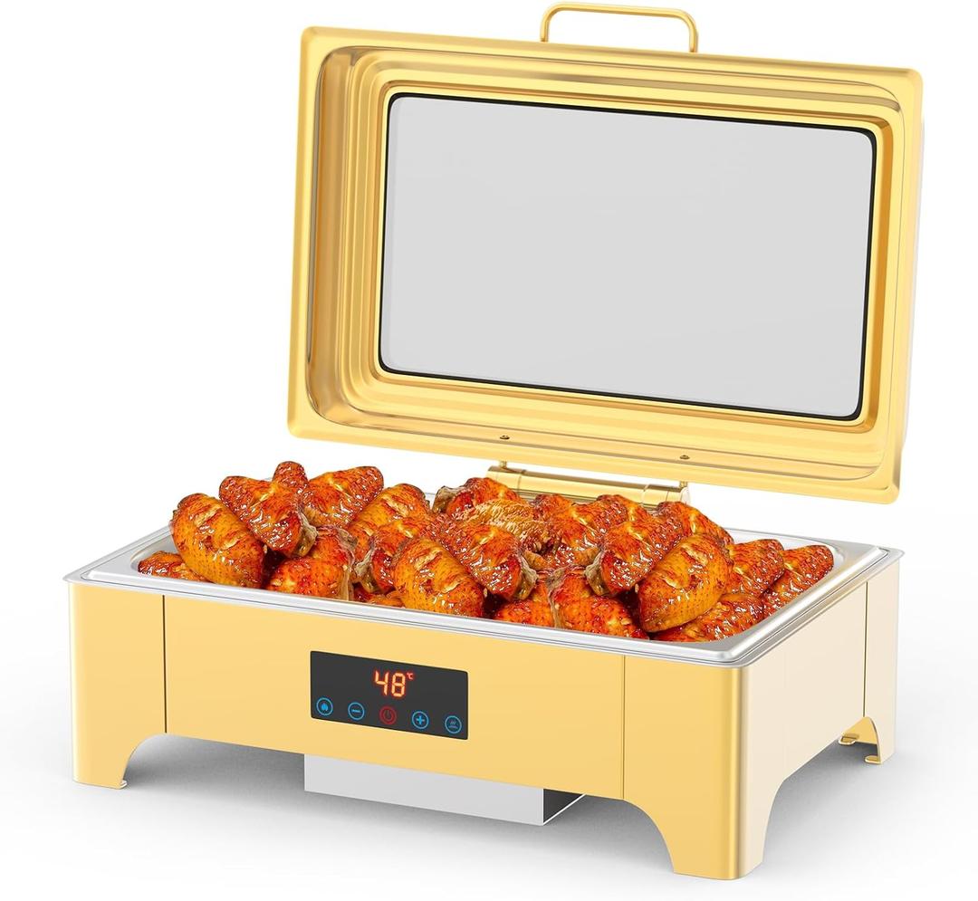 Electric Chafing Dish, 9 QT Full Size Touch Screen Chafing Dishes for Buffet Roll Top Set Food Servers and Warmer with Glass Lid for Catering, Parties, Weddings, Gold