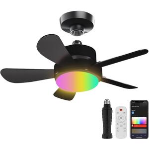 Ligency Smart Socket Fan Light with Remote, 16 inch Small Socket Ceiling Fan Light with RGBW, E26 Screw in Ceiling Light Bulb Fan, 1800Lm, Work with Alexa & Google Assistant for Garage Bedroom, Black
